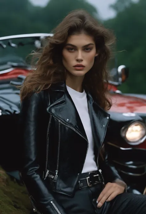 Asian appearance, long brown hair curly top model Kaia Gerber in the rain by Tim Walker shoots biker for balenciaga in a sheer sexy outfit , Street couple, Naked , sexy body , Smoking cigarettes with a gun , naked breasts