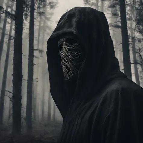 make me a cinematic cover art for a hit single featuring a close up shot of a mummy wearing a black hoodie over bandages covering his entire face and shadowy scary eyes with a cinematic foggy pine forest background