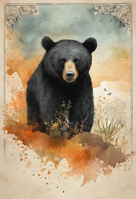 Una imagen de un oso negro de un juego de CG, In the style of mid-century illustration, Symbolic figurative landscapes, color naranja suave y plateado, Vintage poster design, Organic Art Nouveau, Piscinas de pigmentos saturados, xylography, book cover