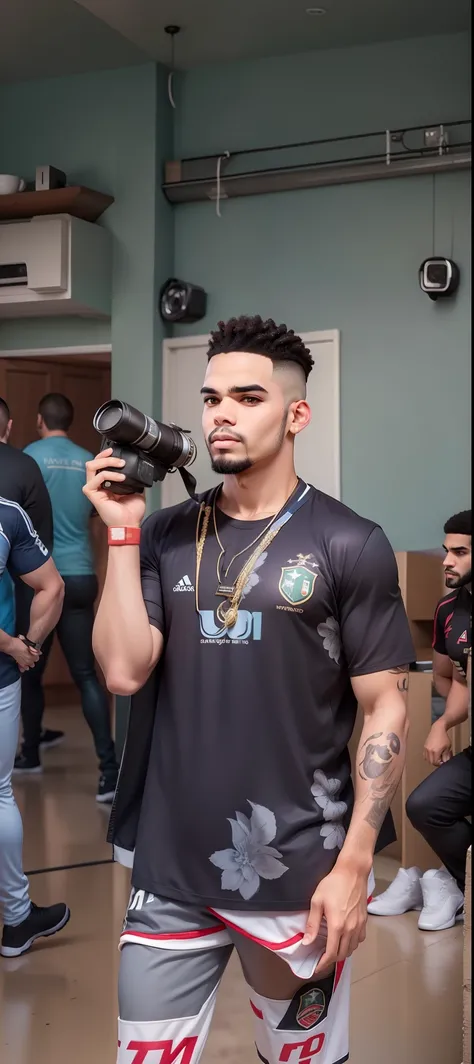 um Homen , parecido com Ederson Santana ,futeBol,com (Camisa Preta) with pants, holding a camera, com barba