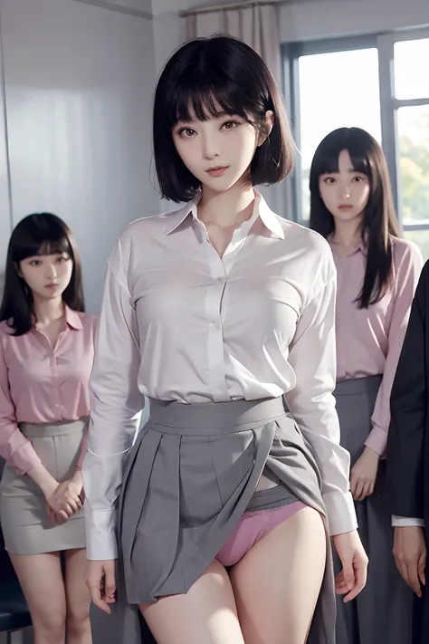 masutepiece, Best Quality, bob cuts、Five girls in the classroom,(5 people standing:1.2),Standing,20s, Looking at Viewer,l Group shot, harems,nffsw,Underwear,(pantiy),Realistic,OL pose,(Gray suit and pink shirt) ,(Gray tight skirt),(Looking back, ass grab:0...