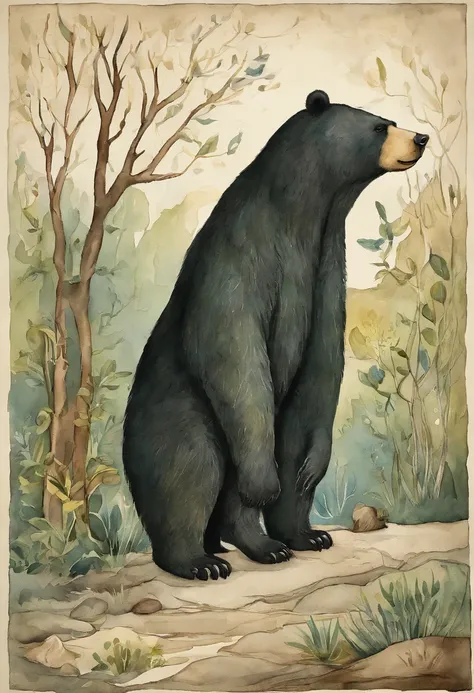 Una imagen de un oso negro de un juego de CG, In the style of mid-century illustration, Symbolic figurative landscapes, color verde y azul, Vintage poster design, Organic Art Nouveau, Piscinas de pigmentos saturados, xylography, Portada del libro