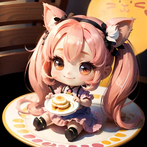 Cute chibi anime sitting on a plate, long pink hair with twin tails、I have cat ears、Wear a blue mini dress,In bright colors、suns、Distinct, bright colour、primary colours、、Smiling, Logo is cheap、Heavily