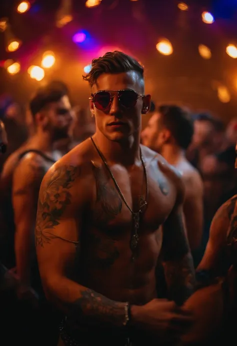 man aged 24, shirtless, fully tattooed, in shorts, at a rave party, other people on the set, lights, stage, wearing Oakley Juliet glasses, looking directly at the camera, image below. realistic, ultra hd, 8k