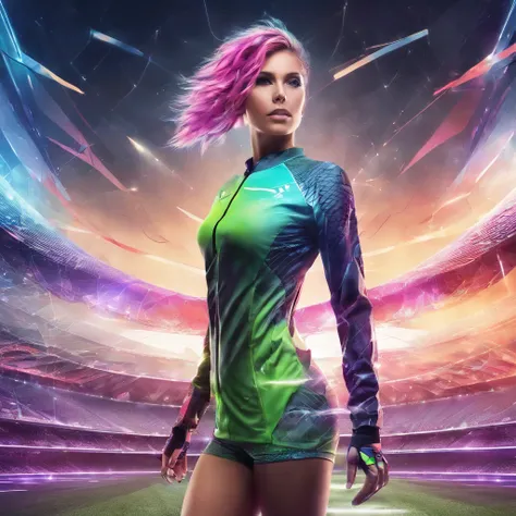 female beautiful soccer player with colorful hairstyle and cyber clothes, futuristic stadium background,ultra detailed, photo realism, dreamlike lighting, magical photography, dramatic lighting, photo realism, ultra-detailed, 85mm, f 1.2, --ar 9:16 --testp