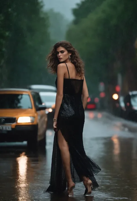 Appearance Asia Curly top model with long brown hair Kaia Gerber is filmed in the rain for Chanel in a sexy outfit , street photography , Naked , sexy body , Smoking cigarettes with a gun , Naked Huge breasts, Lush breasts, Sheer clothing