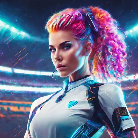 female beautiful soccer player with colorful hairstyle and cyber clothes, futuristic stadium background,ultra detailed, photo realism, dreamlike lighting, magical photography, dramatic lighting, photo realism, ultra-detailed, 85mm, f 1.2, --ar 9:16 --testp