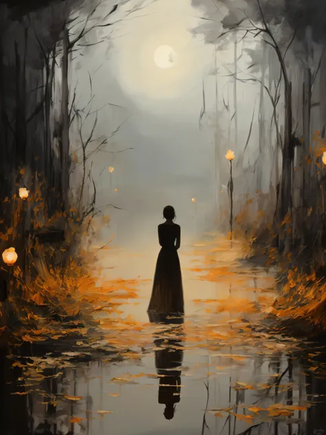 painting a woman in a long dress standing in a dark forest, beautiful art uhd 4 k, inspired by jakub schikaneder, woman in a dar...