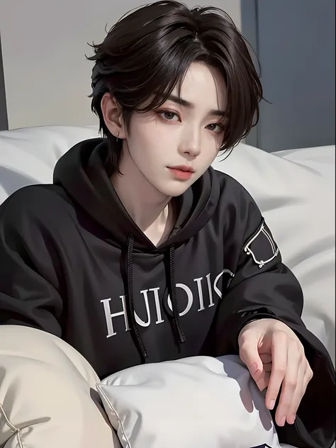 ((4K works))、​masterpiece、（top-quality)、((high-level image quality))、((One Manly Boy))、Slim body、((Stylish black hoodie))、(Detailed beautiful eyes)、Stylish bedroom、Selfie with head on pillow、Face similar to Chaewon in Ruseraphim、((short hair above the ears...