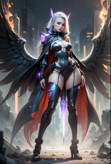 nijistyle,rfktr_technotrex,cyberpunk (sorceress, futuristic angelic wings on her back, Shes dramatically standing seductively and Alluring. Sensual. Her outfit is very sexy and showing a lot revealing, Shes holding a fire energy sword. :1.2)  wearing armor...