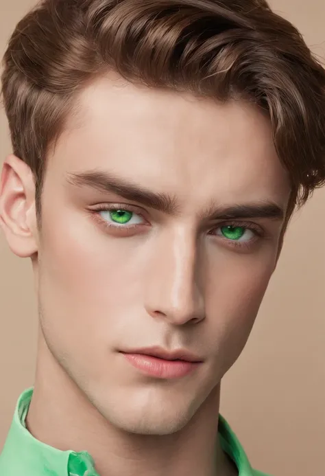 handsome young man with bright green eyes, midsummer,