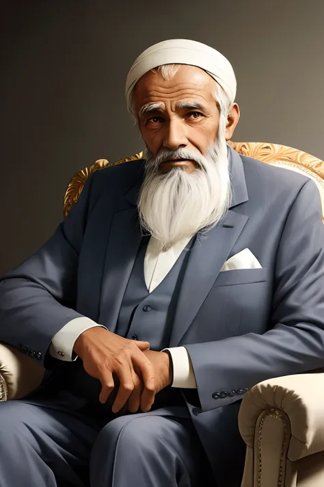 Old Muslim man with wrinkles on his face, grey hair and beard, brown eyes, front view, dressed in a suit, sitting on an armchair. --auto