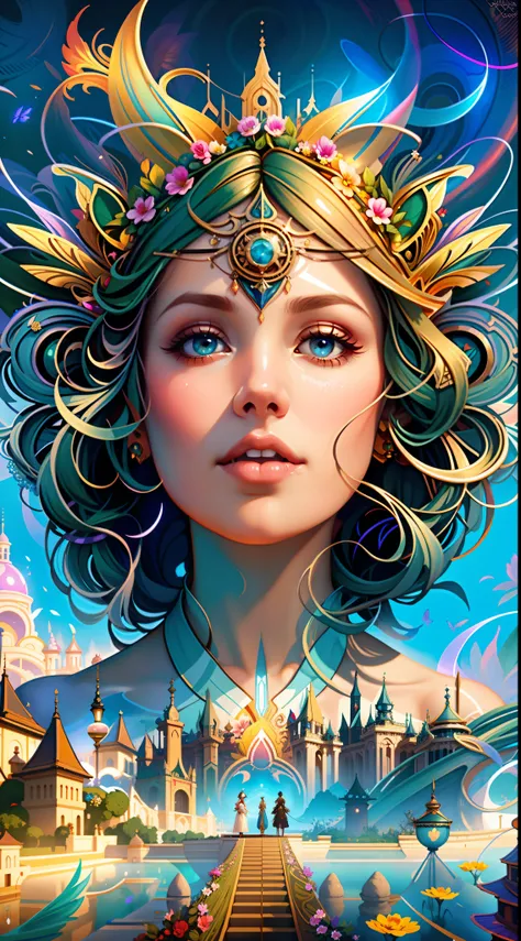 A closeup of a woman with a flower hat on her head, Beeple e Jeremias Ketner, arte digital de fantasia detalhada, Beeple e Alphonse Mucha, Bela arte UHD 4K, stunning digital illustration, Dan Mumford Tom Bagshaw, arte fantasia behance, Artgerm Julie Bell B...