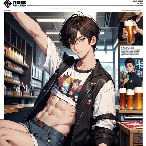 masterpiece, top quality, intricate detail, magazine front page, featuring a male idol with beer, Magazines Title with rainbow color font, a young handsome boy with short pants, T shirt, tall muscle, ((abs)), Kpop idol, looking at camera, grab a glass of t...