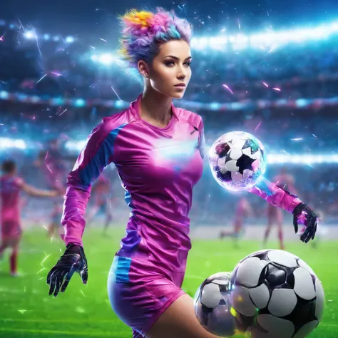 female beautiful playing soccer with colorful hairstyle, futuristic material clothes, stadium, ultra detailed, photo realism, dreamlike lighting, magical photography, dramatic lighting, photo realism, ultra-detailed, 33mm, f 1.2, --testp