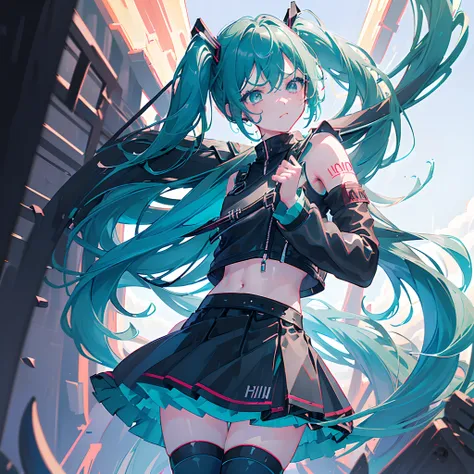 (8k,1girl, solo, azure hair with black fringes), hatsune_miku, dark colours, (gothic crop_top, black leather jacket) , mascara, ...