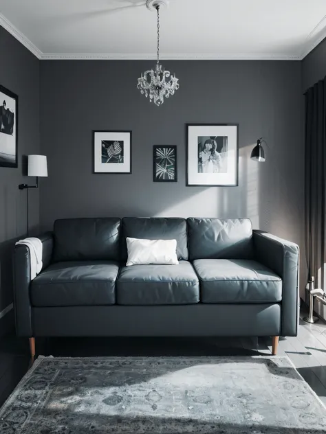 sala moderna, sala mimimalista, parede frontal, 4-place front sofa, almofadas cinza claro, Dark gray and black on sofa, Dark carpet on the floor, parede cinza escura, piso preto, photographic, hiperrealista, undecorated wall