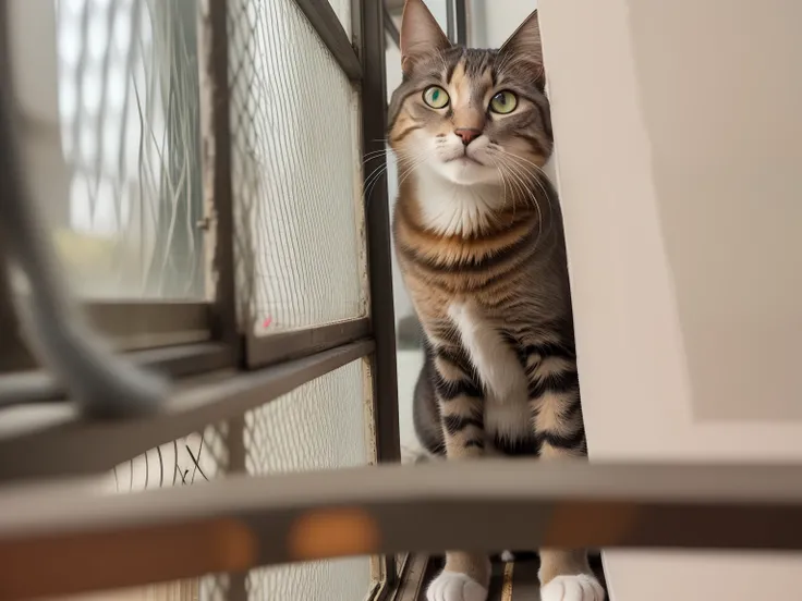 There is a cat that is sitting on the floor looking out a window, bela imagem de vira-lata, foto de um gato, she is looking at us, uma fotografia de um enferrujado, gato em um peitoril da janela, Shutterstock, Behind bars, Tem um olhar penetrante, cat fema...