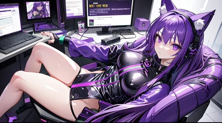 1girl, long purple hair, purple eyes, wearing purple and black latex bodysuit, headphones, sitting in office chair, laptop, peace sign, looking at viewer, purple cat ears, absurdres, high res, ultrasharp, 8K, masterpiece