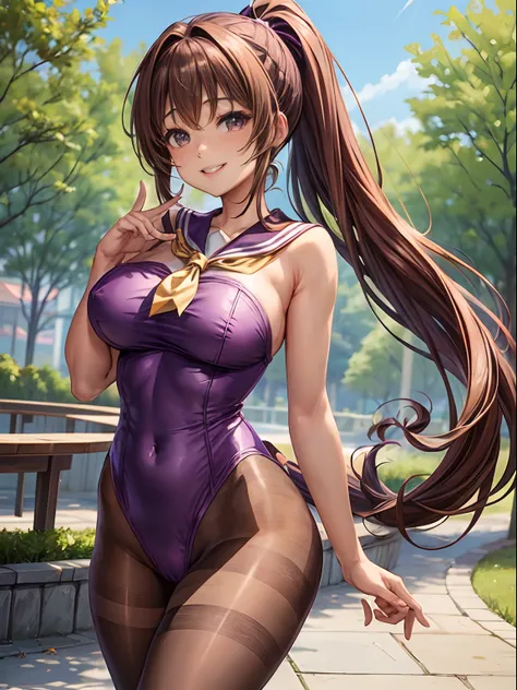 top-quality、Full limbs、complete fingers、One beautiful woman、Beautiful Large Breasts、Long ponytail、Brown hair、((Purple Sailor Leotard))、((Brown pantyhose))、A big smile、a park