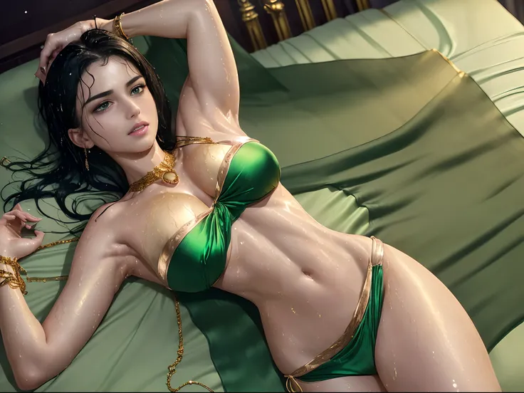 Ultra Realistic Image of Gorgeous British Female Model Lying on the Bed, (Athletic Body:1.2), (Pale Skin:1.6), (Busty Cup Size:1.4), (Firm Thighs), Deep Cleavage, (Wearing Green Bikini with Long Flowing Silk Cloth and Golden Jewelries:1.6), (Shoulder-level...