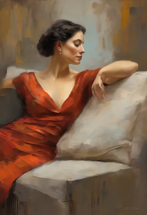 A painting of a woman with her eyes closed, ((golden ratio}} laying on the sofa after a long night on the town, a sensual painting, a Beautiful expressive painting, Wadim Kashin. Ultra photo realism, Louise Ross, digital painting art, Perceptual digital pa...