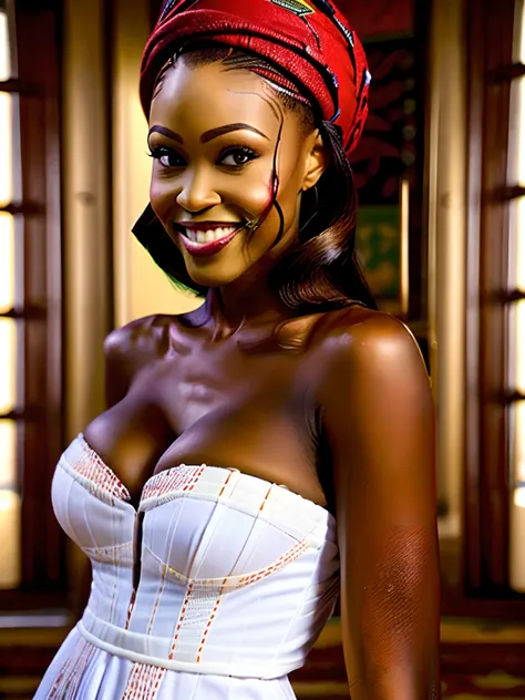 ((1 Young and beautiful african woman:1.2)), Super beautiful detailed face, Stare at me, smiling, Highest Quality, High definition RAW color photos, Professional Photography, Cinematic lights, (Fine face:1.2), (View:1.2), ((cleavage:1.2)), Slender and beau...