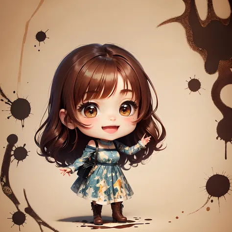 ​masterpiece、top-quality、ultra-detailliert、(Chibi Charas Daughter:1.2)、Reddish brown Sauvage hair, (Jackson Pollock Long Dress :1.4),Beige knit short boots、Open your mouth and smile、Brown shoulder bag、Wallpaper with brown argyle pattern background