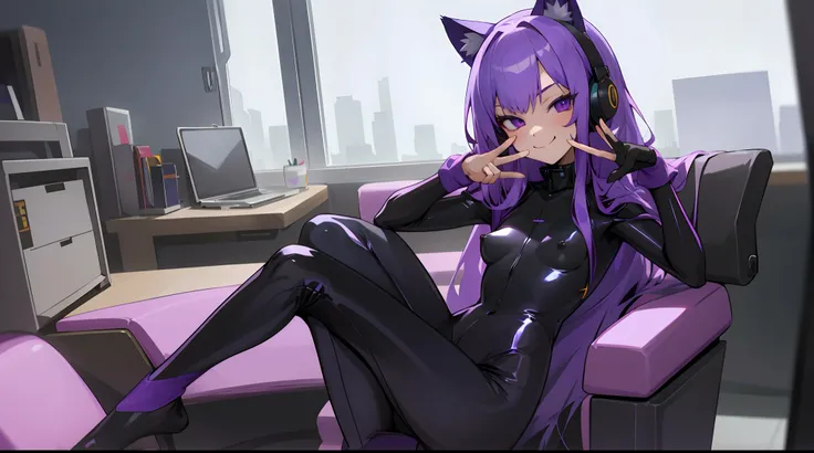 1girl, long purple hair, purple eyes, wearing purple and black latex bodysuit, headphones, sitting in office chair, laptop, peace sign, looking at viewer, purple cat ears, small breasts, nsfw, smug smile, absurdres, high res, ultrasharp, 8K, masterpiece