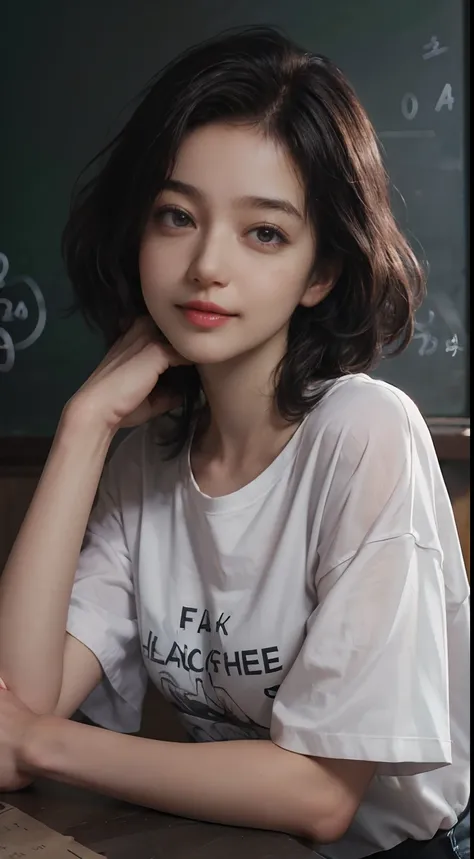 (((Black Shorthair:1.2))),  (a 20 yo woman), (T-shirt design), (Floral clothing), (Breast bulge),((Being in the physics classroom)),  (A hyper-realistic), (Relaxed), (Increased resolution), (8KUHD), (Extremely detailed), (Best Illustration), (Beautiful and...