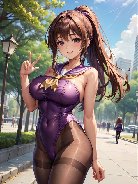 top-quality、Full limbs、complete fingers、One beautiful woman、Beautiful Large Breasts、Long ponytail、Brown hair、((Purple Sailor Leotard))、skirt by the、((Brown pantyhose))、A big smile、a park、sexypose、is standing