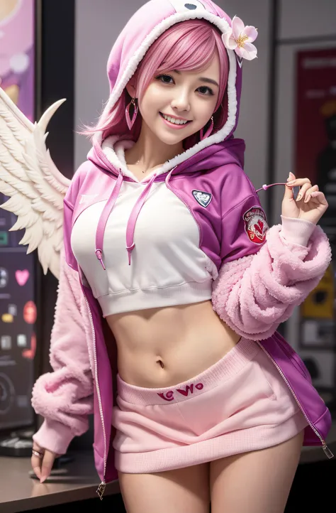 pink hair. long hair. miniskirt. parka. earring. angel wings. heart-shaped vacant chest. heart logo. a big smile. inside the gam...