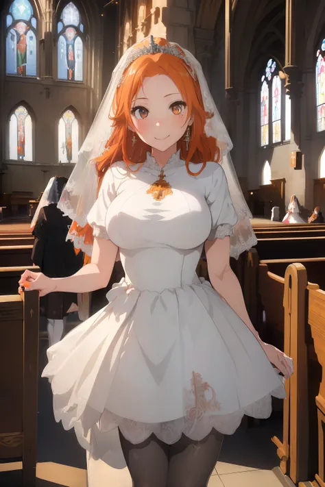 (​masterpiece、top-quality、top-quality、Beautifully Aesthetic:1.2)、1 girl in、ighly detailed、highestdetailed、grey  eyes、orange color hair|long Brond Hair、((weddingdress))、((pantyhose))、Matsumoto Rangiku、graffiti art、Look at the viewer、A smile、((Open legs))、((...