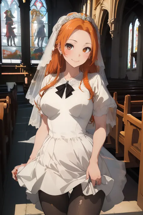 (​masterpiece、top-quality、top-quality、Beautifully Aesthetic:1.2)、1 girl in、ighly detailed、highestdetailed、grey  eyes、orange color hair|long Brond Hair、((weddingdress))、((pantyhose))、Matsumoto Rangiku、graffiti art、Look at the viewer、A smile、((Open legs))、((...