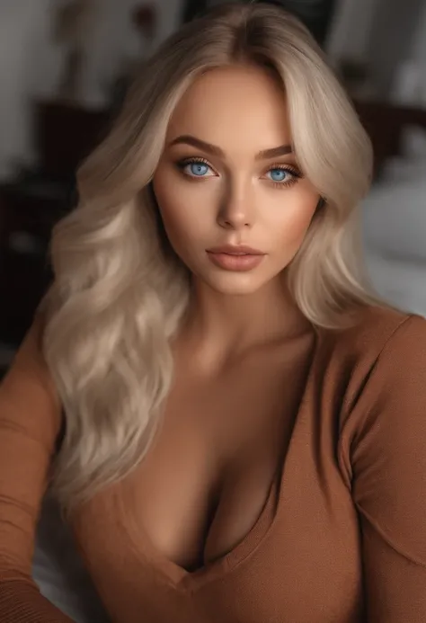 arafed woman fully , sexy girl with blue eyes, ultra realistic, meticulously detailed, portrait sophie mudd, blonde hair and large eyes, selfie of a young woman, bedroom eyes, violet myers, without makeup, cover girl makeup, looking directly at the camera,...