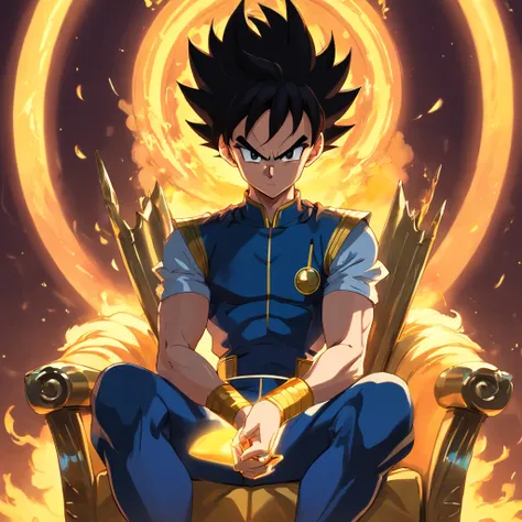 Vegeta em um terno preto, fumando um cigarro, sitting on a royal throne that highlights his power and influence, Macho, Dragon ball, anime
(best quality, 4k, Altas, ultra-detalhado), detailed facial features, intense expression, foco nítido, cores vibrante...