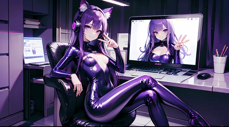 1girl, long purple hair, purple eyes, (bright purple latex bodysuit), headphones, sitting in office chair, cyberpunk room, laptop, peace sign, looking at viewer, purple cat ears, small breasts, nsfw, smug smile, absurdres, high res, ultrasharp, 8K, masterp...