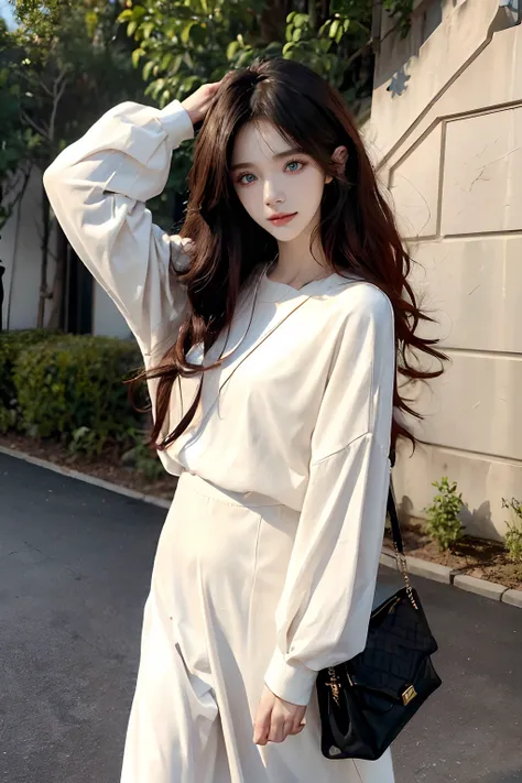 ((4K works))、​masterpiece、(top-quality)、1 beutiful girl、Slim body、tall、((Black and white attractive casual clothes with black bag))、(Detailed beautiful eyes)、morning、On the way to work、((Face similar to Carly Rae Jepsen))、((Long boyish red hair))、((Smaller...