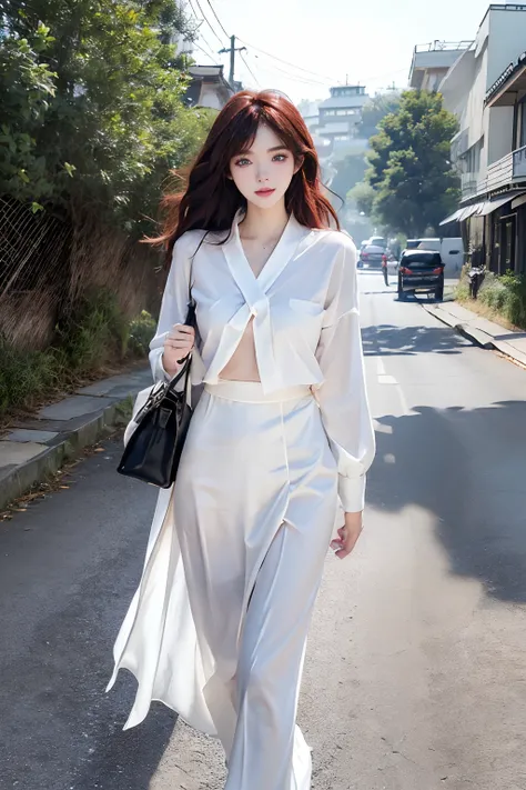 ((4K works))、​masterpiece、(top-quality)、1 beutiful girl、Slim body、tall、((Black and white attractive street clothes and black bags))、(Detailed beautiful eyes)、morning、On the way to work、((Face similar to Carly Rae Jepsen))、((Long boyish red hair))、((Smaller...