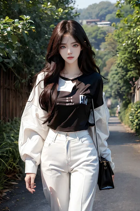 ((4K works))、​masterpiece、(top-quality)、1 beutiful girl、Slim body、tall、((Attractive streetwear and black bag in black Y-shirt and white pants))、(Detailed beautiful eyes)、morning、On the way to work、((Face similar to Carly Rae Jepsen))、((Long boyish red hair...