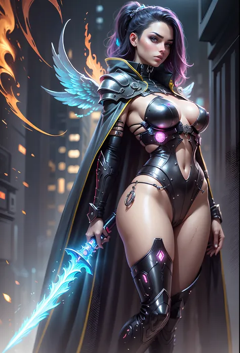 nijistyle,rfktr_technotrex,cyberpunk (sorceress, futuristic angelic wings on her back, Shes dramatically standing seductively and Alluring. Sensual. Her outfit is very sexy and showing a lot revealing, Shes holding a fire energy sword. :1.2)  wearing armor...