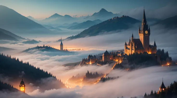 a medieval city in the middle of the forest surrounded by dense fog