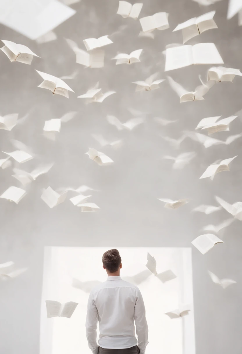 a man standing in white space , no details , wearing white clothes , looking up to a lot of flying books around him , high angle shot , back view