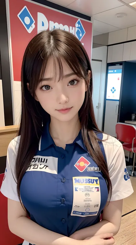 {8K Photo Quality:1.2}、{Ultra-high resolution photo quality:1.2}、{Super Real 1.2}、{Perfect limbs}、{japanes}、masutepiece、NSFW、1womanl、Wearing a Dominos Pizza uniform、Serving customers with shy face、exposed her breasts