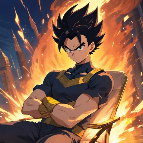 Vegeta em um ((Terno Preto)), fumando um cigarro, sitting on a royal throne that highlights his power and influence, macho, Dragon ball, anime
(best quality, 4k, alto, ultra-detalhado), detailed facial features, intense expression, foco nítido, cores vibra...