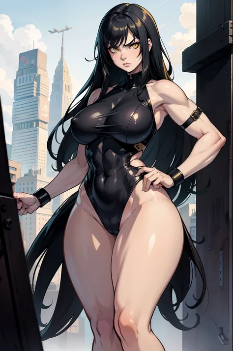 muscular 1 girl thick thighs large breasts curvy wide hips, pale skin yellow eyes black hair long hair angry