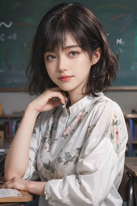 (((Black Shorthair:1.2))),  (a 20 yo woman), (T-shirt design), (Floral clothing), (Breast bulge),((Being in a physics classroom)),  (A hyper-realistic), (Relaxed), (Increased resolution), (8KUHD), (Extremely detailed), (Best Illustration), (Beautiful and d...