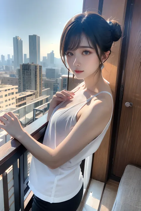 top-quality、masuter piece、ultra-detailliert、8ｋ、Bun hair、bontage、plein air、Skyscrapers of the near future