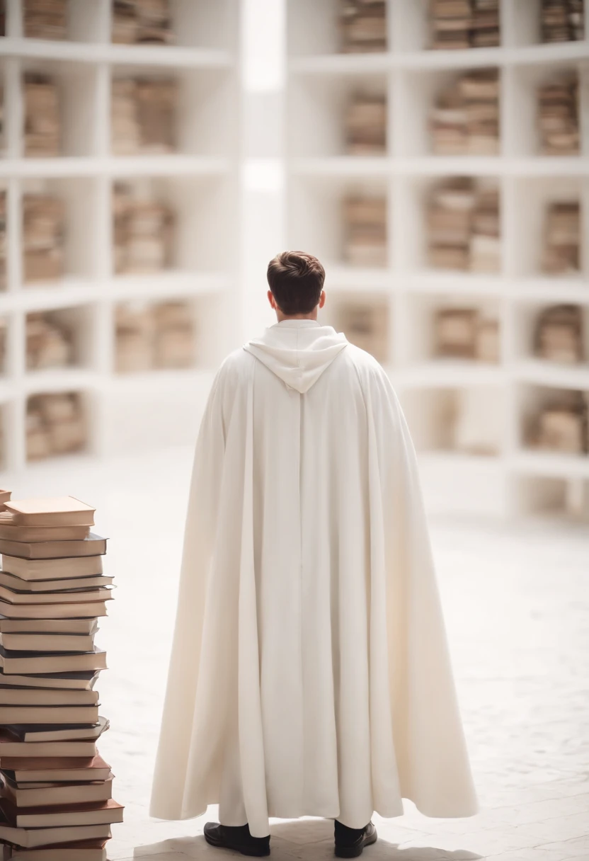 a man standing in white space , no details , wearing white cloak that is a bit short  , looking up to a lot of books  floating around  him , high angle shot , back view