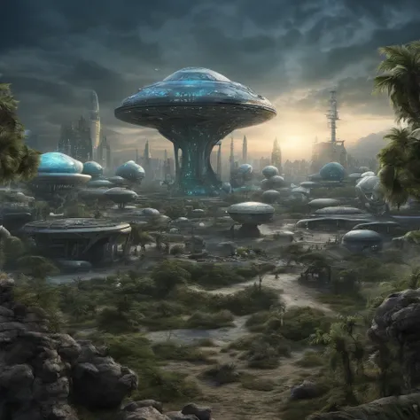 An alien landscape at dawn, A citadel with several futuristic and intelligent creatures, Fantastic and detailed, em tons de azul, verde e preto. hiperrealista.